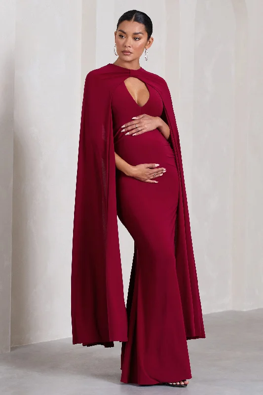 Maxi dresses for holiday dinners and celebrations -Standing Ovation | Berry Plunge-Neck Cape Maternity Maxi Dress