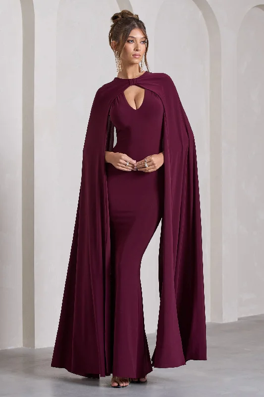 Maxi dresses for a formal celebration at a prestigious venue -Standing Ovation | Burgundy Plunge-Neck Cape Maxi Dress