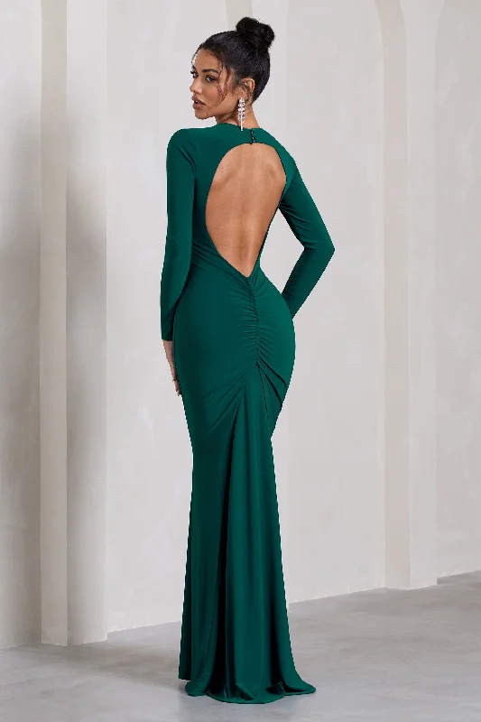 Maxi dresses with a flowy silhouette for casual wear -Starring | Bottle Green Long-Sleeve Backless Maxi Dress