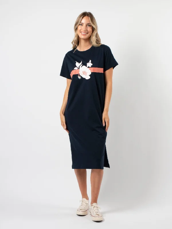 Maxi dresses for a glamorous rooftop wedding reception -Stella + Gemma Maxie T-Shirt Dress Navy Rose Floral With Stripe