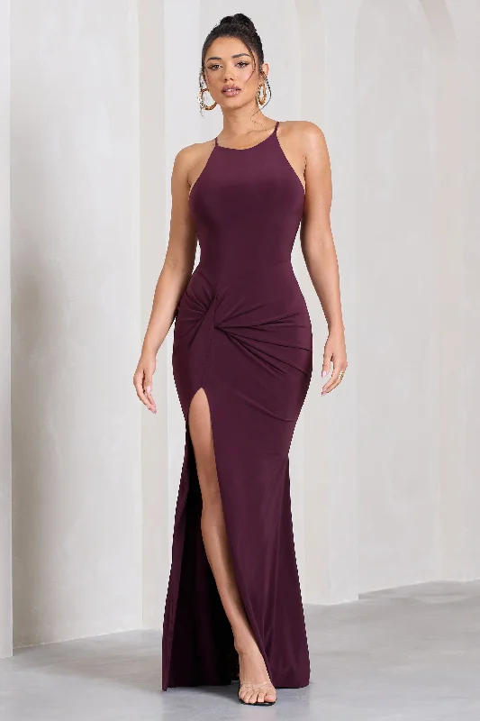 Maxi dresses for a chic garden party in the evening -Stellar | Plum Halter-Neck Twisted Split Maxi Dress