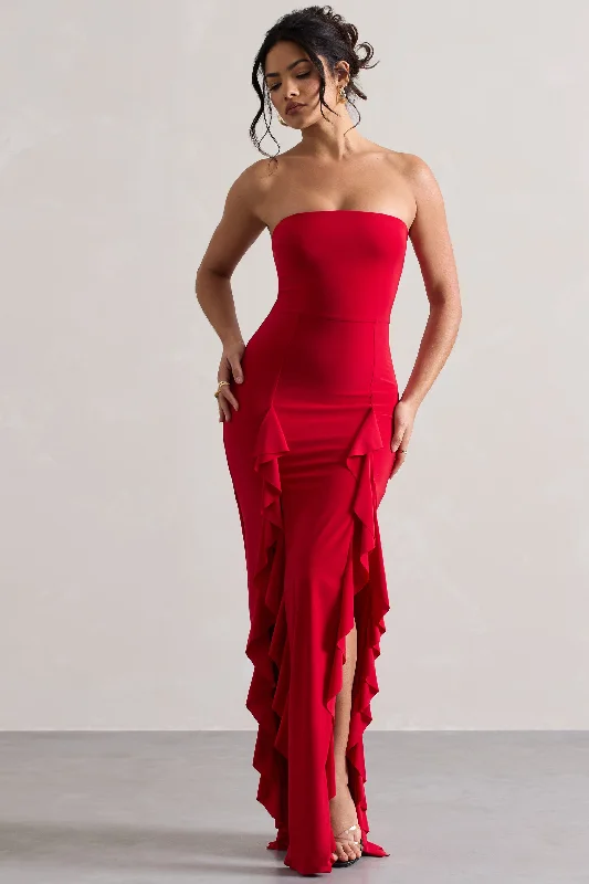 Maxi dresses for a romantic evening reception in the garden -Susan | Red Bandeau Maxi Dress With Ruffled Splits