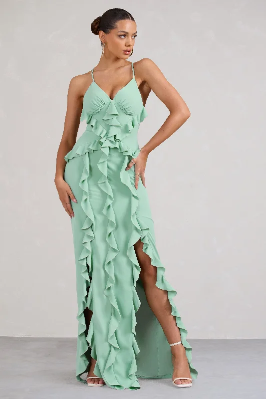 Maxi dresses with an elegant empire waist for a flattering silhouette -Syrah | Mint Green Chiffon Ruffle Cami Maxi Dress