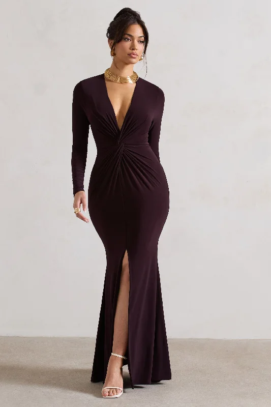 Maxi dresses for a luxurious dinner at a five-star hotel -Tianna | Dark Plum Plunge-Neck Twisted Split Maxi Dress