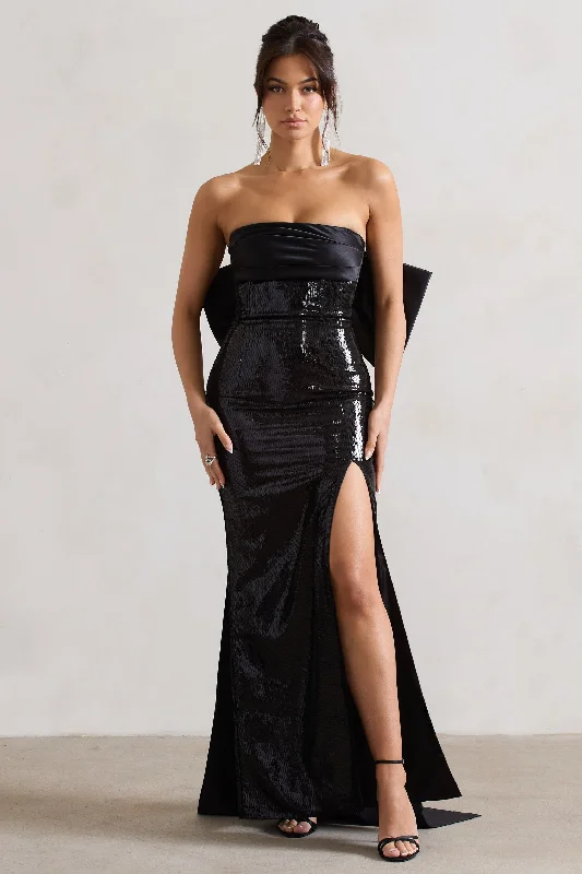 Maxi dresses for a stylish formal event in a garden -To You | Black Sequin Bandeau Split Maxi Dress With Oversized Bow