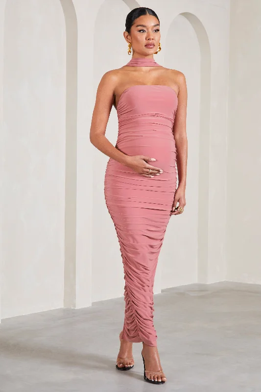 Maxi dresses for a relaxed yet stylish look -Truly | Blush Pink Ruched Maternity Maxi Dress With Halter Collar