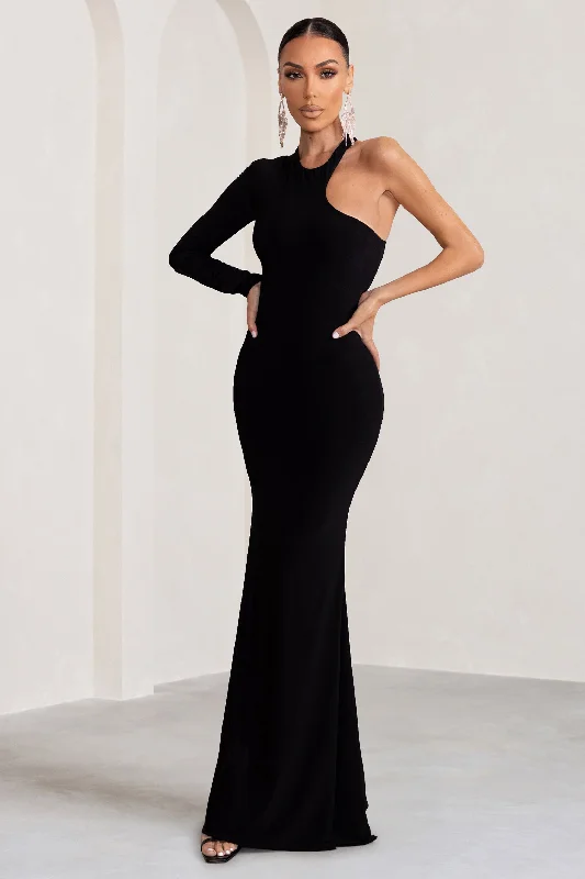 Maxi dresses for a romantic evening in a luxury resort -Tyra | Black Asymmetric Neck Cut Out Maxi Dress With Open Back Detail