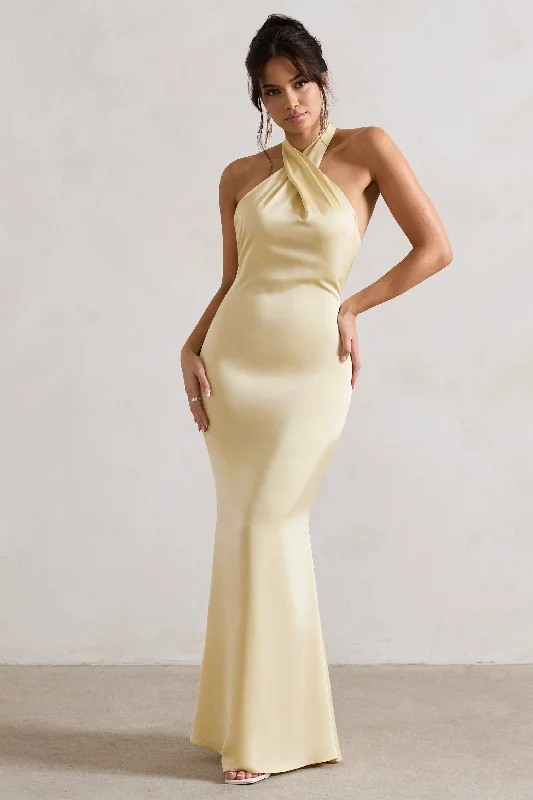 Maxi dresses for a stylish outdoor brunch in the spring -Unbeatable | Lemon Satin Cross Over Halter-Neck Maxi Dress