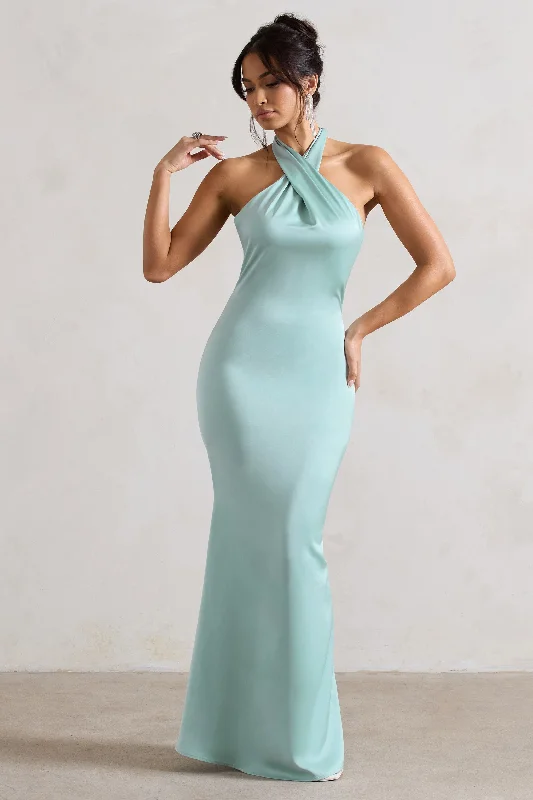 Maxi dresses for a formal dinner party at an elegant venue -Unbeatable | Mint Green Satin Cross Over Halter-Neck Maxi Dress