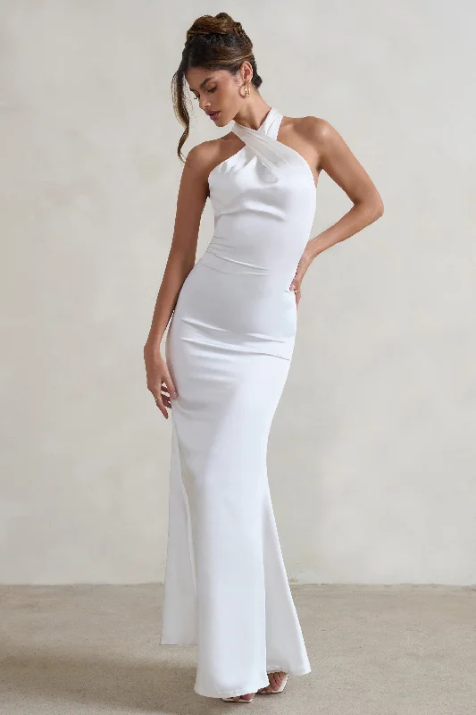 Maxi dresses for a stylish destination wedding at a luxury resort -Unbeatable | White Satin Cross Over Halter-Neck Maxi Dress