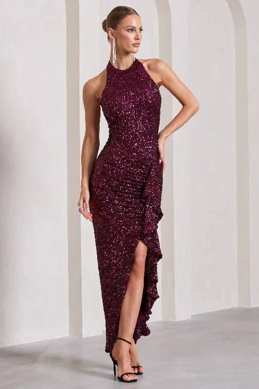 Maxi dresses for a luxurious cruise dinner event -Under The Stars | Plum Sequin High-Neck Open-Back Maxi Dress With Drape