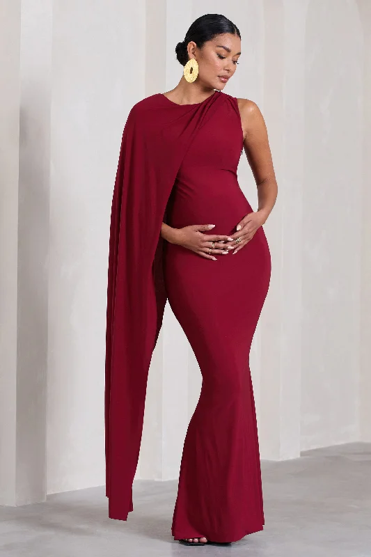 Maxi dresses for a stylish formal event in a garden -Unveil | Berry One-Sleeve Cape Maternity Maxi Dress