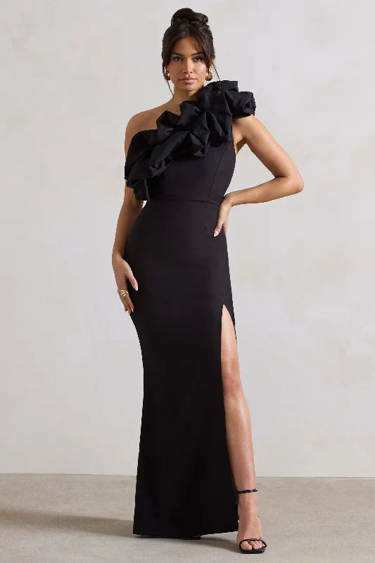 Maxi dresses for tropical island celebrations -Vienne | Black One Shoulder Ruffle Split Maxi Dress