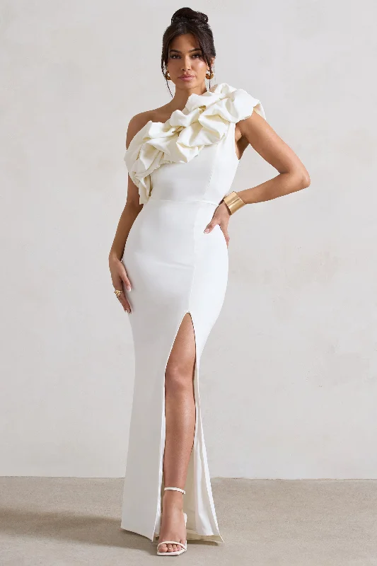 Maxi dresses for a luxurious cocktail event -Vienne | White One Shoulder Ruffle Split Maxi Dress