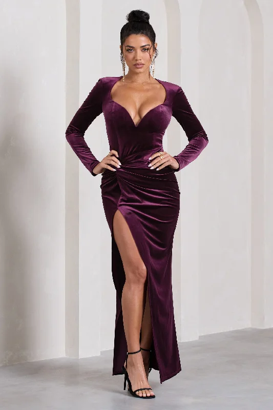 Maxi dresses with a deep V-neck for evening events -Vin Chaud | Dark Purple Velvet Long-Sleeved Split Maxi Dress