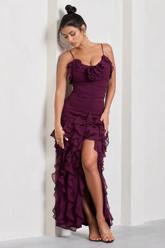 Maxi dresses with a wrap-around style for a flattering fit -Walks Alone | Burgundy Ruched Strappy Split Maxi Dress With Ruffles