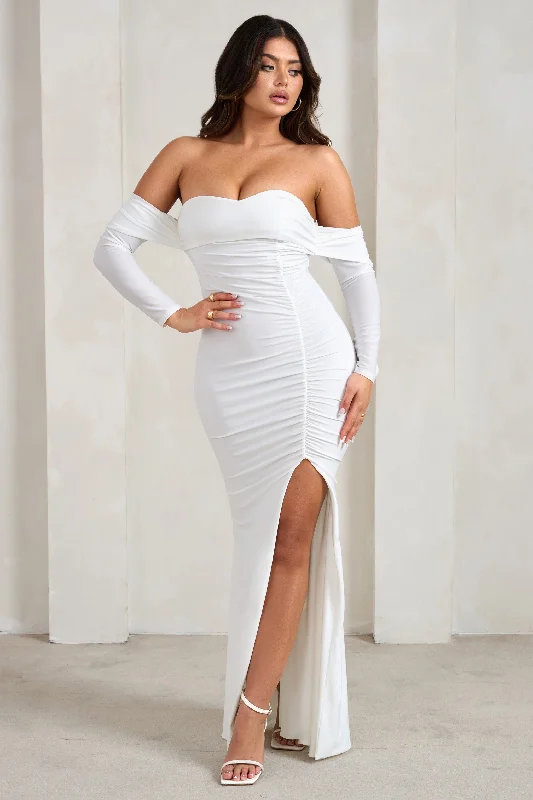 Maxi dresses for casual outdoor barbecues with friends -Midnight | White Draped Long Sleeve Maxi Dress