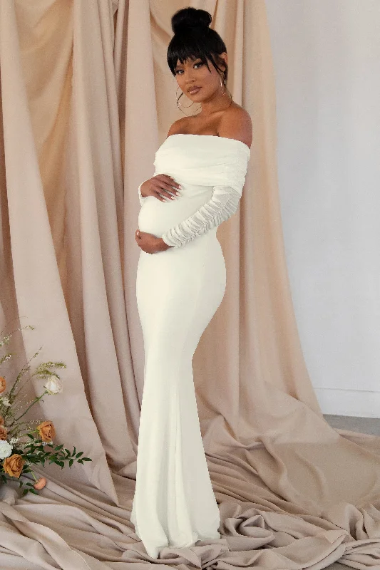 Maxi dresses for a luxurious cocktail event -Pretty Perfect | White Maternity Ruched Mesh Bardot Maxi Dress