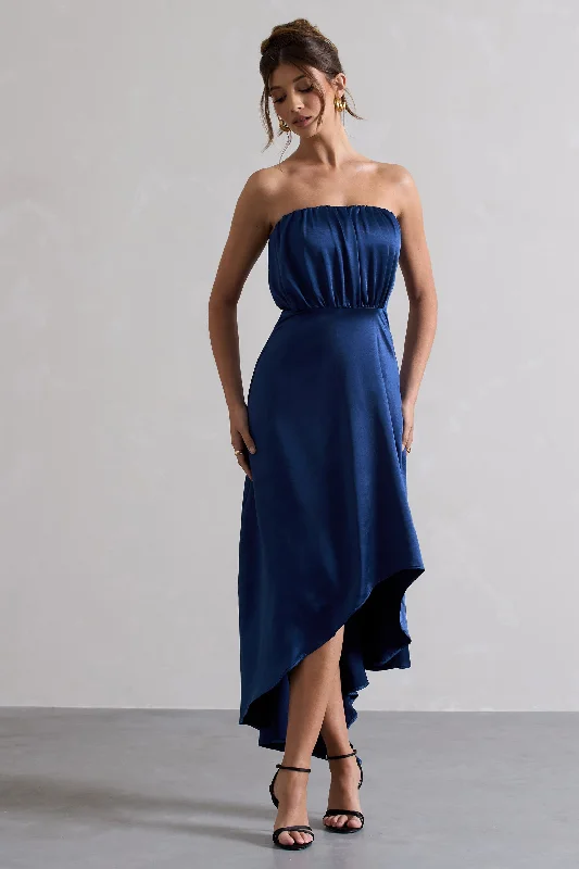 Maxi dresses for an intimate dinner at a private estate -Willa | Navy Satin Bandeau Maxi Dress With Asymmetric Hem