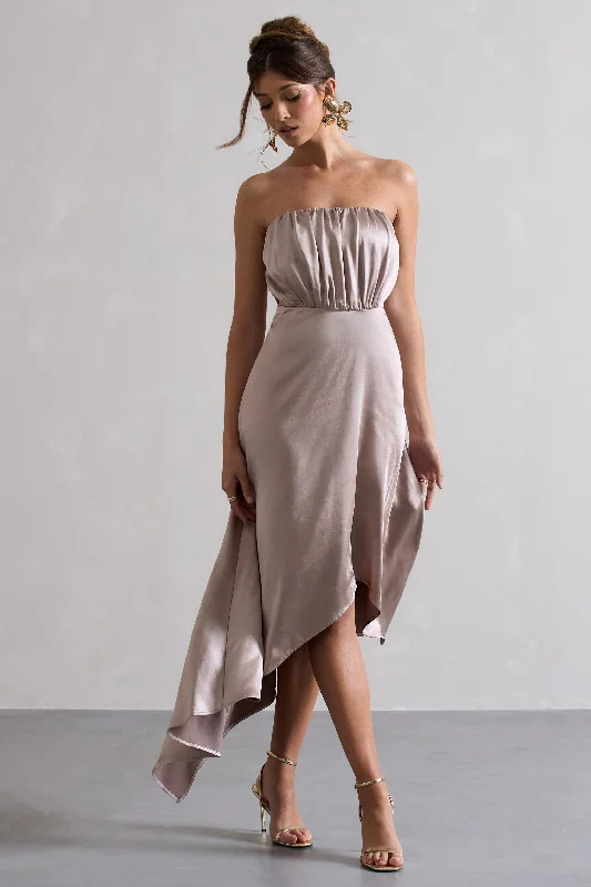 Maxi dresses for a romantic evening reception in the garden -Willa | Taupe Satin Bandeau Maxi Dress With Asymmetric Hem