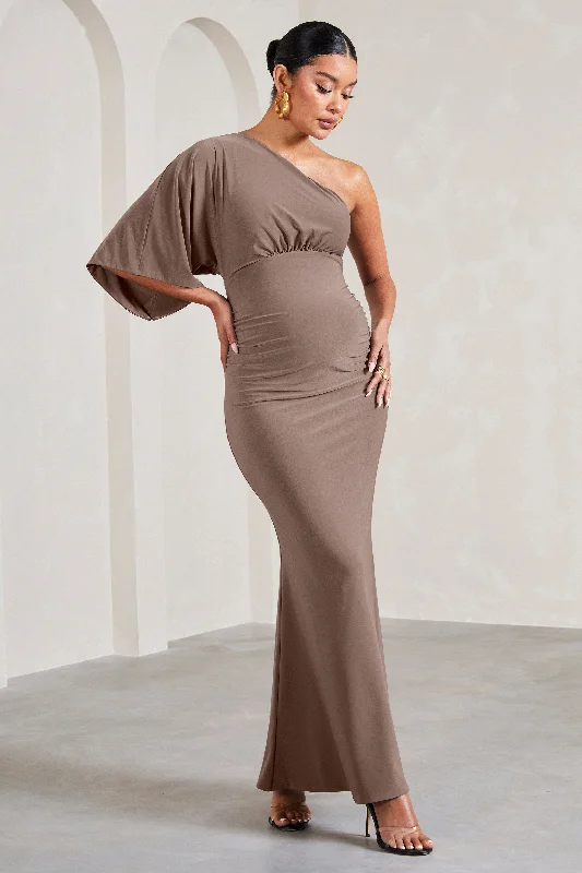 Maxi dresses for family vacation dinners in luxury resorts -Wisdom | Mocha Ruched Asymmetric One-Shoulder Maternity Maxi Dress