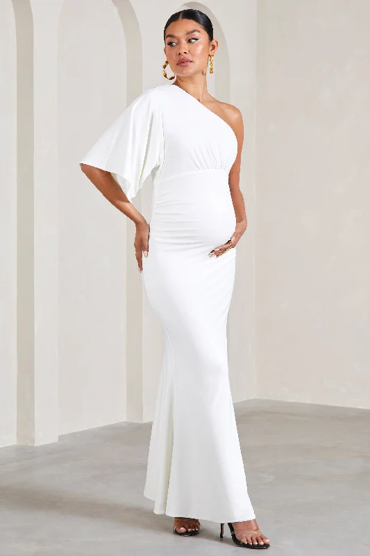 Maxi dresses for stylish summer evening cocktail parties -Wisdom | White Ruched Asymmetric One-Shoulder Maternity Maxi Dress