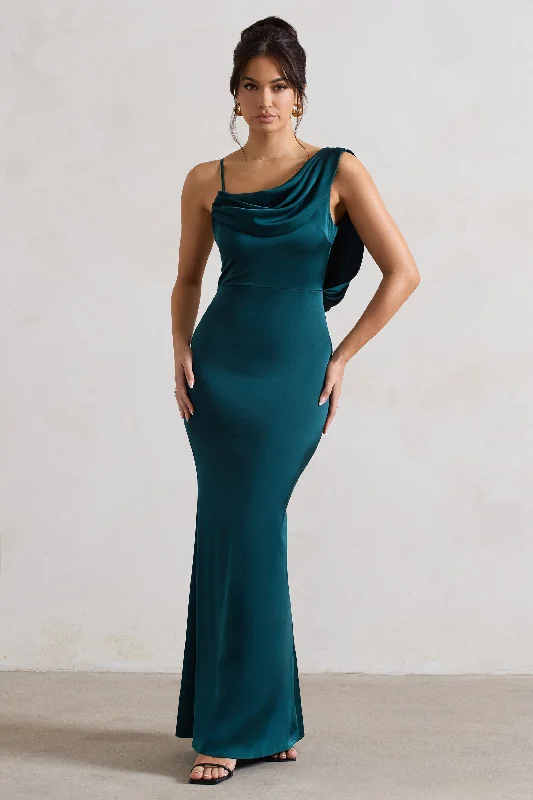 Maxi dresses for intimate family gatherings during the holidays -Wistful | Dark Green Satin Asymmetric Cowl-Neck Maxi Dress