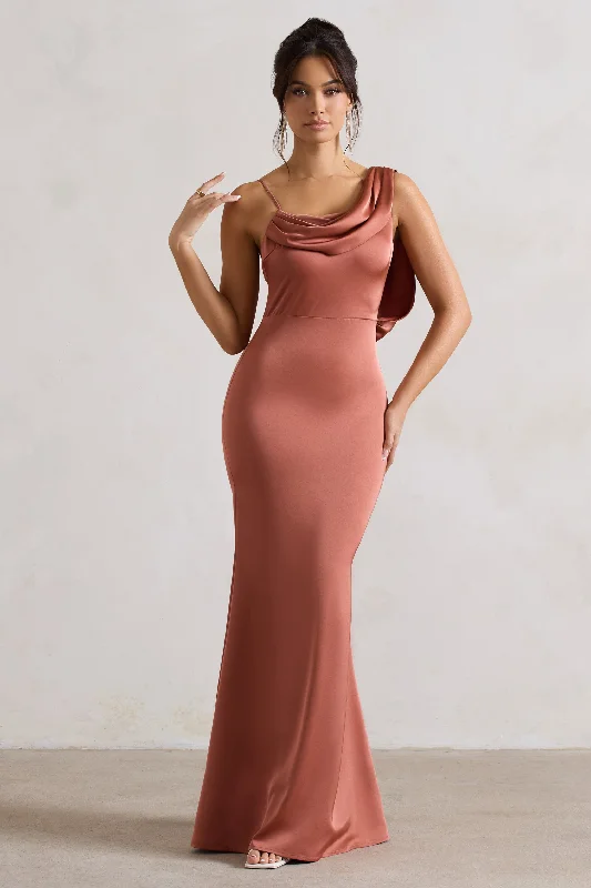 Maxi dresses for destination weddings by the beach -Wistful | Rust Satin Asymmetric Cowl-Neck Maxi Dress