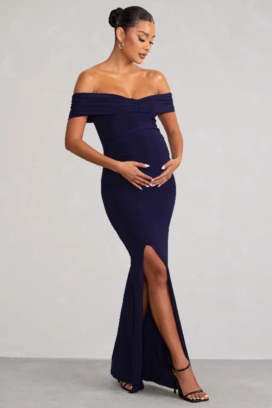 Maxi dresses for casual day trips to the park -Worth The Wait | Navy Maternity Ruched Bardot Split Hem Maxi Dress