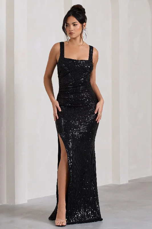 Maxi dresses for family gatherings at a beach house -Yvonne | Black Sequin Open-Back Bodycon Maxi Dress