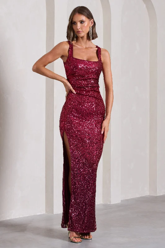 Maxi dresses for a chic dinner event at a luxury hotel -Yvonne | Plum Sequin Open-Back Bodycon Maxi Dress