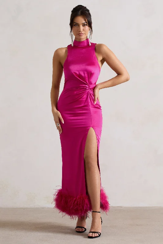 Maxi dresses for holiday dinners and celebrations -Zoe | Dark Pink Satin Twist Split Maxi Dress With Feather Trim