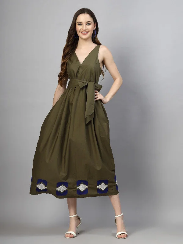 Midi Dresses for wedding anniversary dinners-SMERA MART 100% Poplin Cotton Summer Fit & Flare Midi Dress for Women - Olive