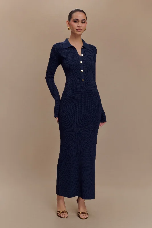 Midi Dresses for fall reunion gatherings-Abbey Buttoned Knit Midi Dress - Navy