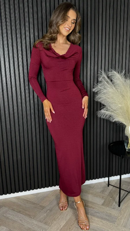 Midi Dresses for tea parties-Alisha Burgundy Cowl Neck Long Sleeve Midi Dress