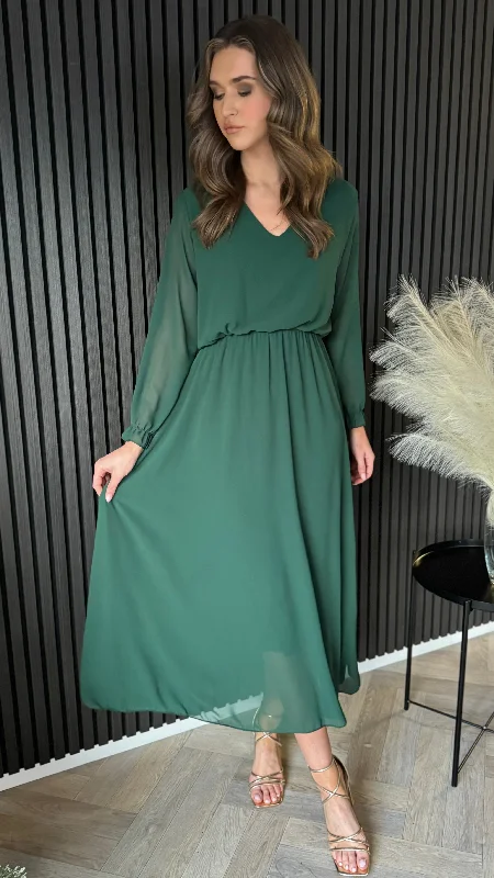 Midi Dresses for shopping with friends-Beatrix Forest Green V Neckline Midi Dress