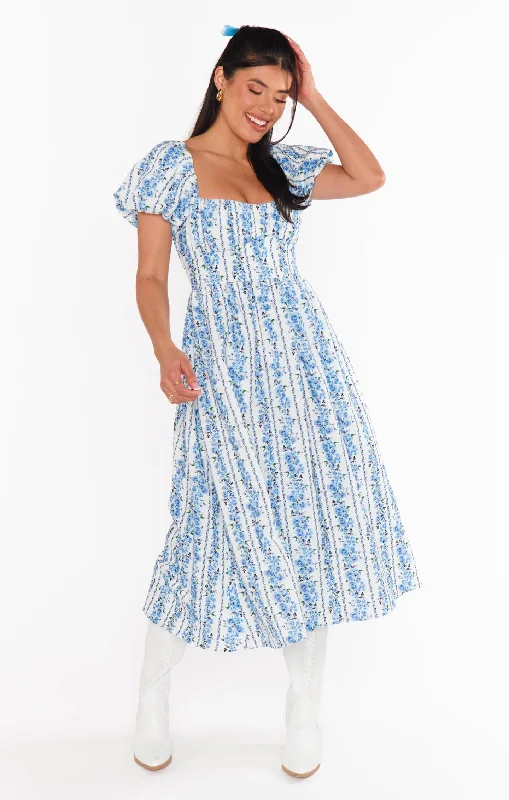 Midi Dresses for beach summer events-Belle Midi Dress ~ Blue Bliss Stripe