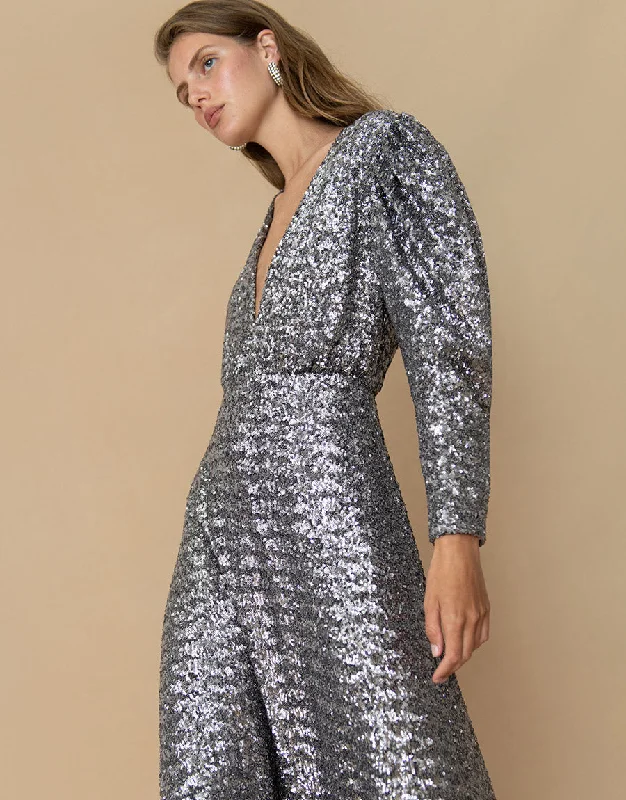 Midi Dresses for tropical wedding celebrations-Bernadette Sequin Midi Dress - Pewter - SALE