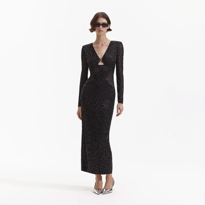 Midi Dresses for cozy winter days-Black Beaded Mesh Midi Dress