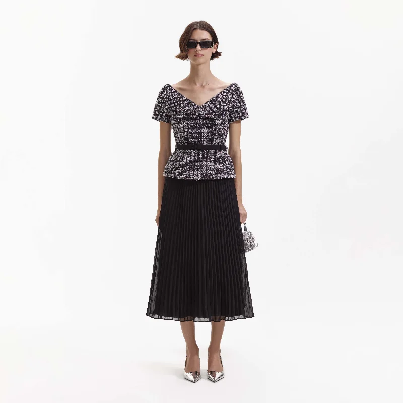 Midi Dresses for wedding anniversaries-Black Boucle Off Shoulder Midi Dress