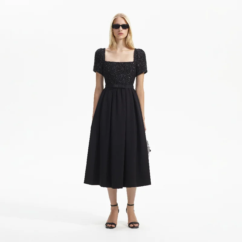 Midi Dresses for wedding guests-Black Boucle Square Neck Midi Dress