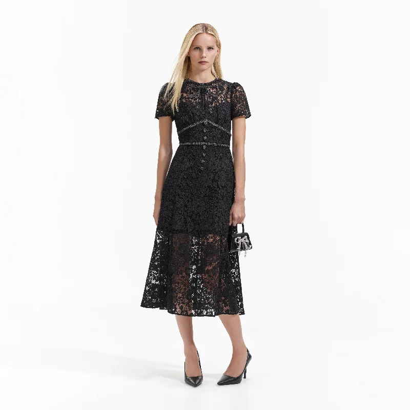 Midi Dresses for spring office wear-Black Cord Lace Bow Midi Dress