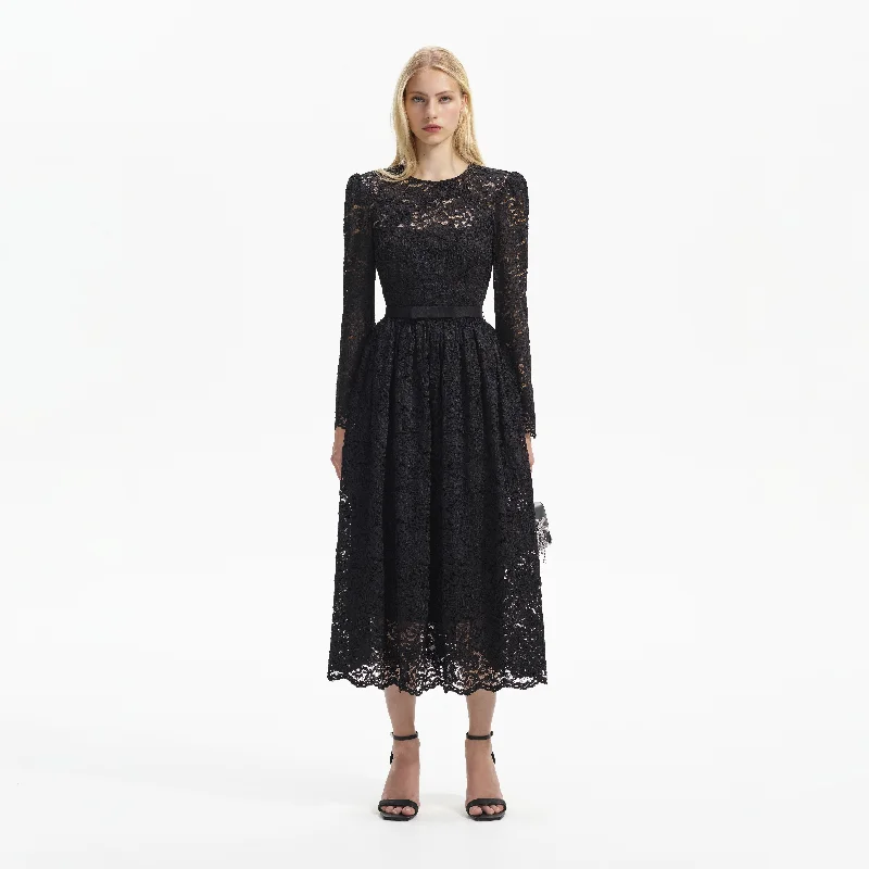 Midi Dresses for seasonal fashion-Black Cord Lace Long Sleeve Midi Dress