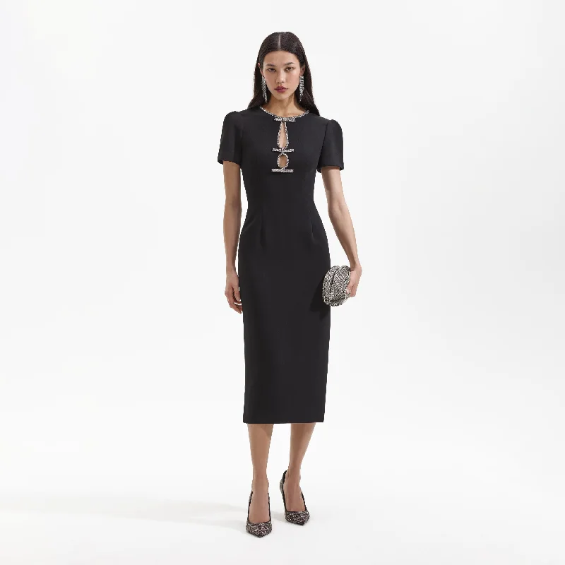 Midi Dresses for bachelorette parties-Black Crepe Diamante Bow Midi Dress