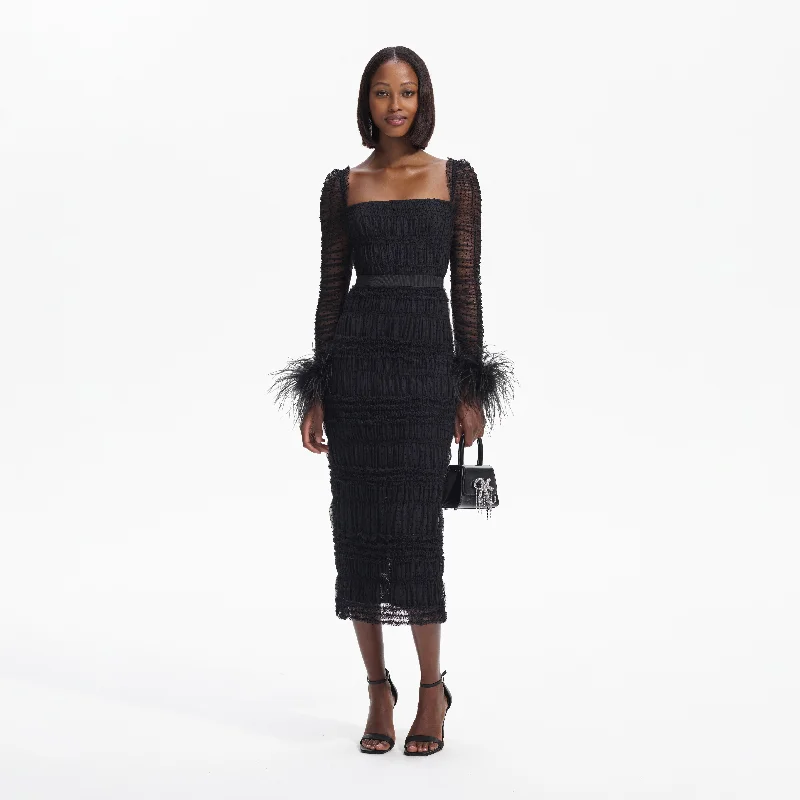 Midi Dresses for casual holiday dinners-Black Dot Mesh Feather Midi Dress