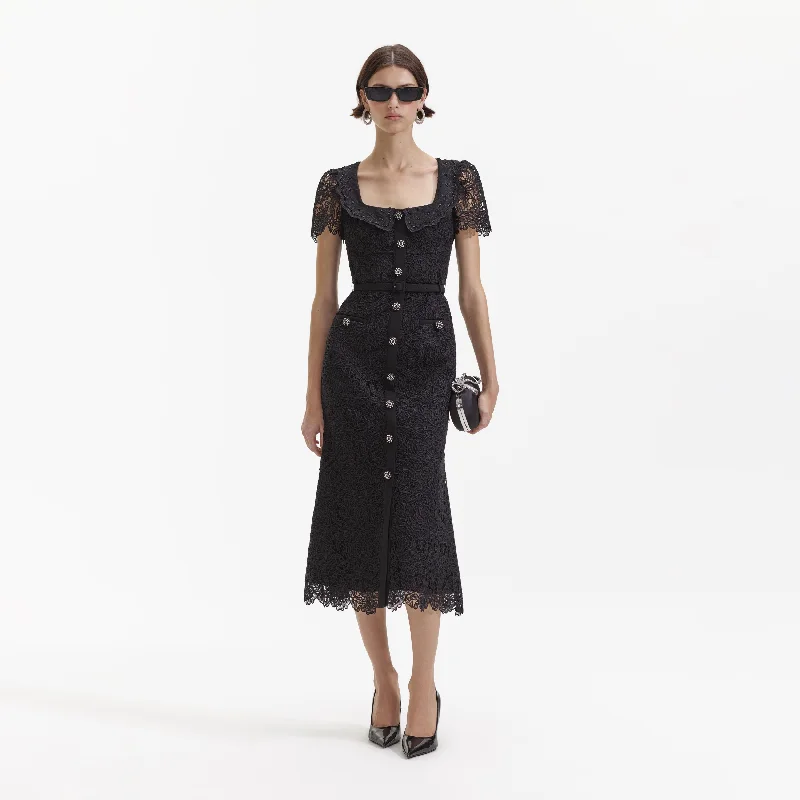 Midi Dresses for fall family photos-Black Guipure Lace Button Midi Dress