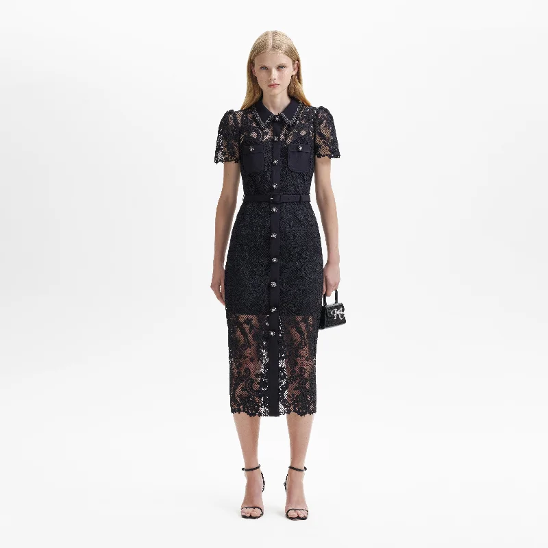 Midi Dresses for casual fall picnics-Black Lace Button Front Midi Dress