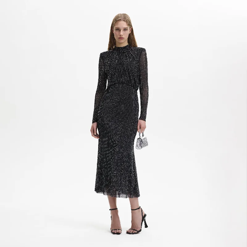 Midi Dresses for Christmas parties-Black Rhinestone Mesh Long Sleeve Midi Dress