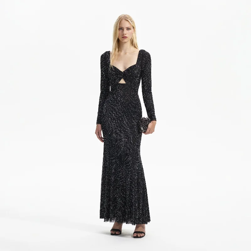 Midi Dresses for brunch celebrations-Black Rhinestone Mesh Sweetheart Midi Dress