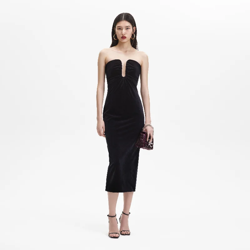 Midi Dresses for cocktail dinners-Black Velvet Strapless Midi Dress